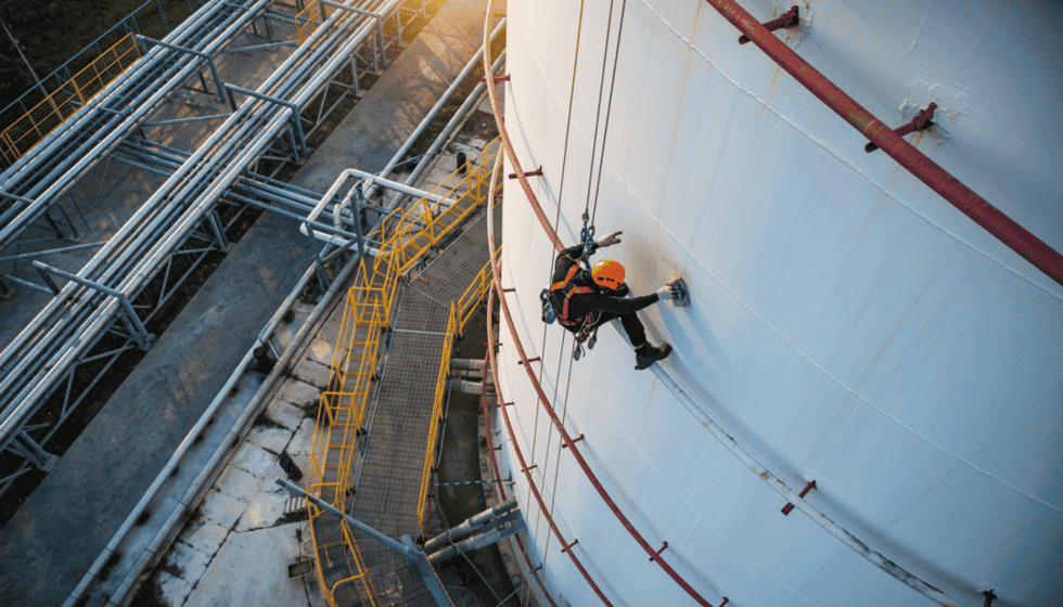 Industriekletterer hängt hoch am Seil und reinigt Industrietank