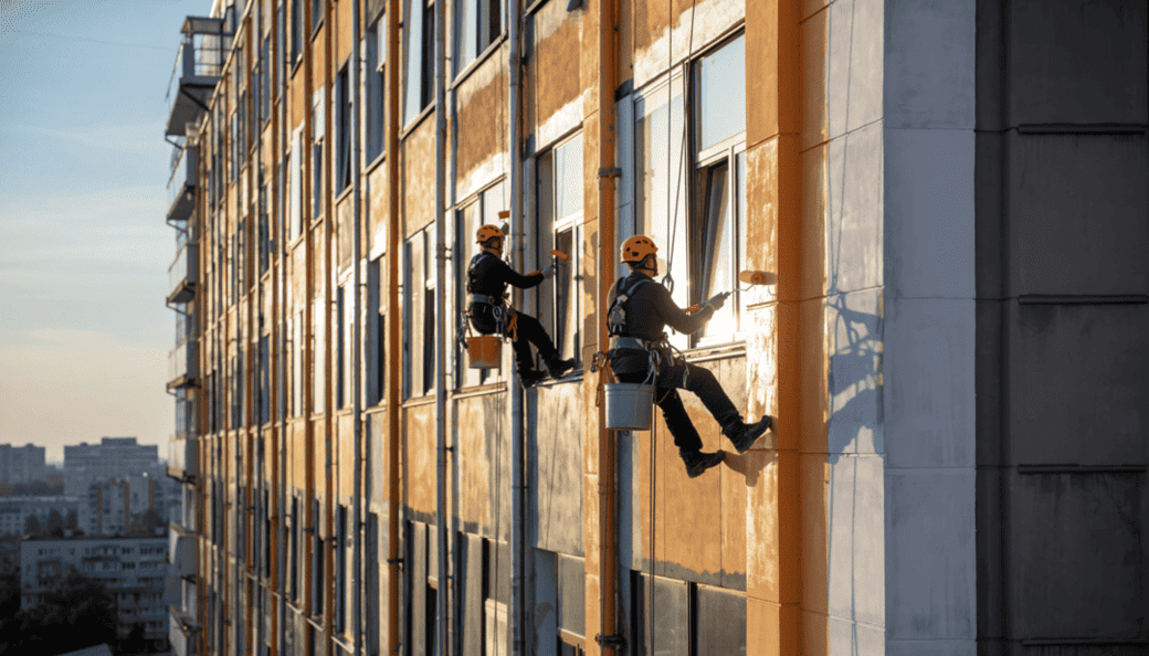 Zwei Maler am Seil eines hohen Gebäudes die Malern