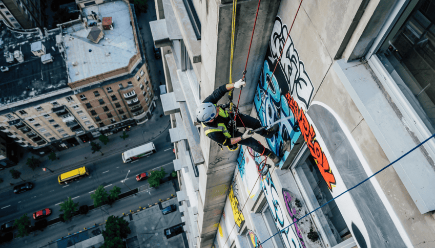 Industrieklettrer entfernt Graffiti am Hochhaus
