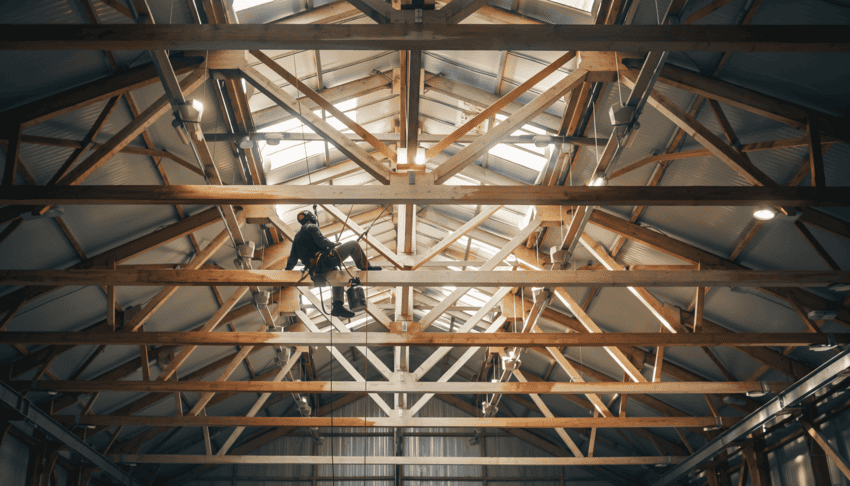 Maler Sitzt auf Balken in einer hohen Lagerhalle
