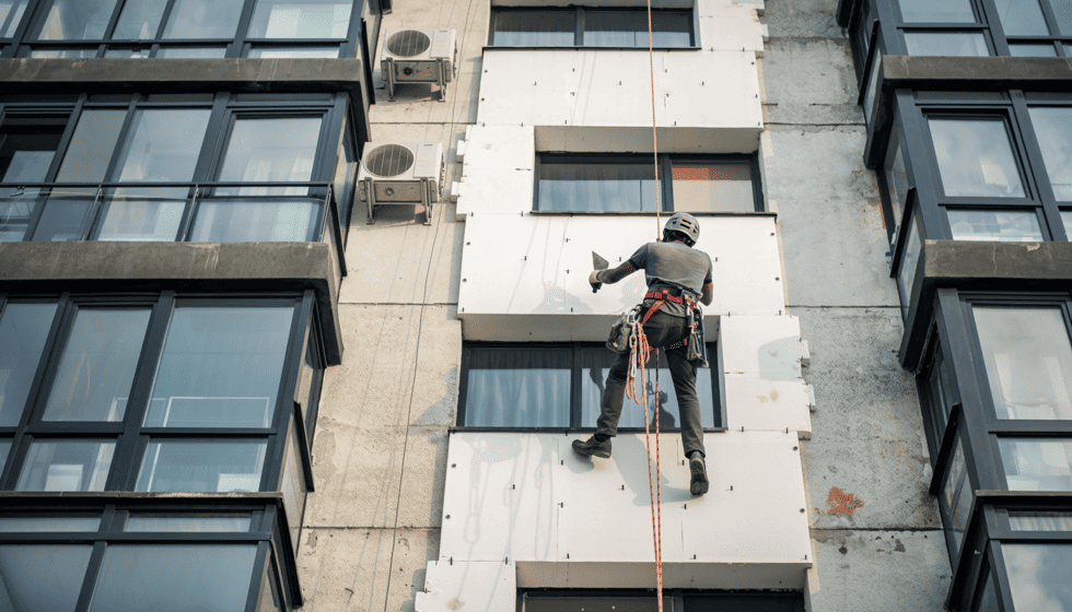 Industriekletterer Installier Wärmedämmung und hängt an einem Seil